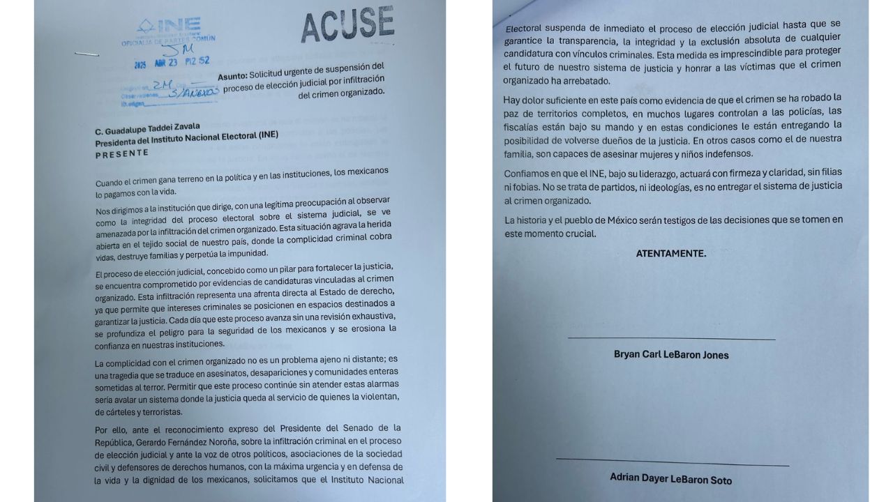 Bryan LeBaron exigió al INE suspender la elección judicial ante el supuesto reconocimiento de que existen candidatos ligados al crimen.