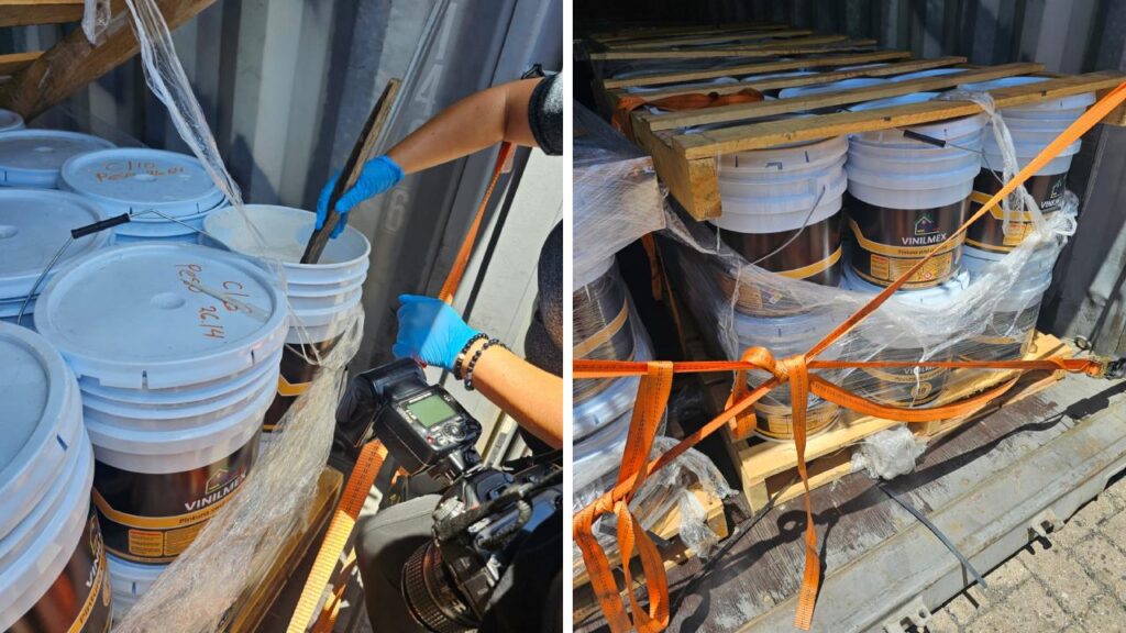 La Secretaría de Marina aseguró 5.8 toneladas de mercurio ocultó en botes de pintura acrílica.