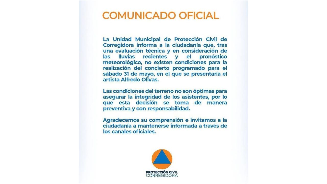 Autoridades cancelan concierto de Alfredo Olivas en Querétaro.
