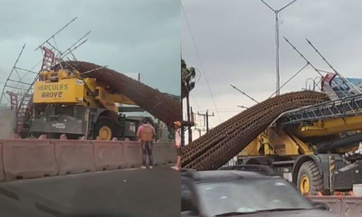 En las obras de construcción de la Línea 6 del Metrorrey colapsó una columna y cayó sobre una grúa en Apodaca.