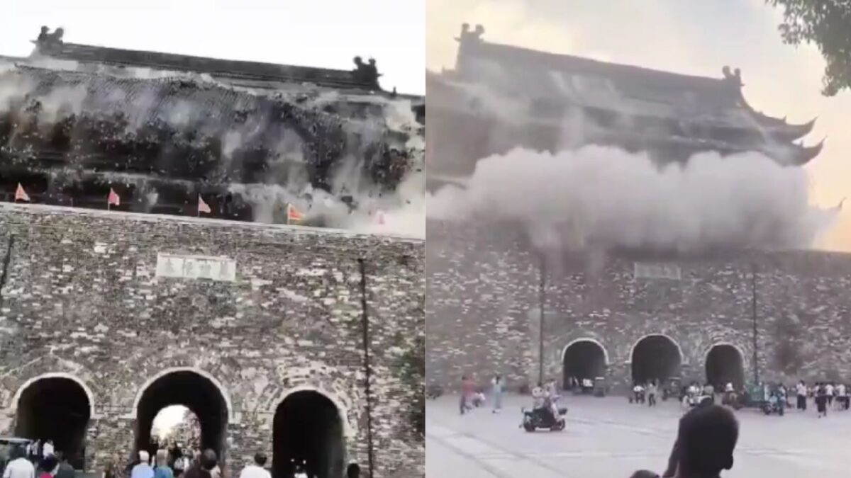 Miles de turistas presenciaron el derrumbe parcial del techo de la Torre del Tambor de Fengyang ubicada en China.