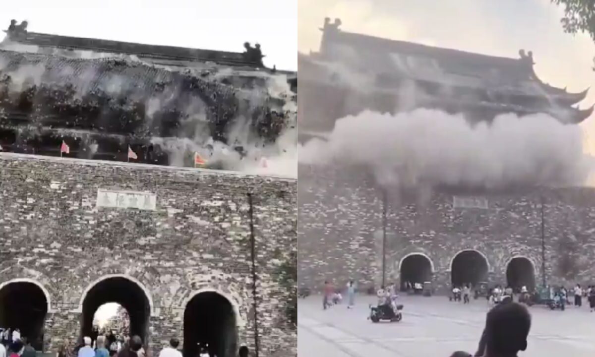 Miles de turistas presenciaron el derrumbe parcial del techo de la Torre del Tambor de Fengyang ubicada en China.