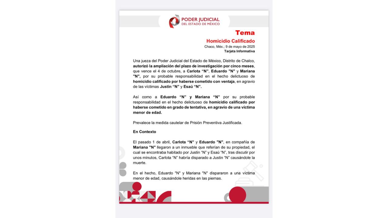 Una jueza de control amplió por cinco meses el plazo para la investigación complementaria por caso de asesinato y despojo de Doña Carlota.