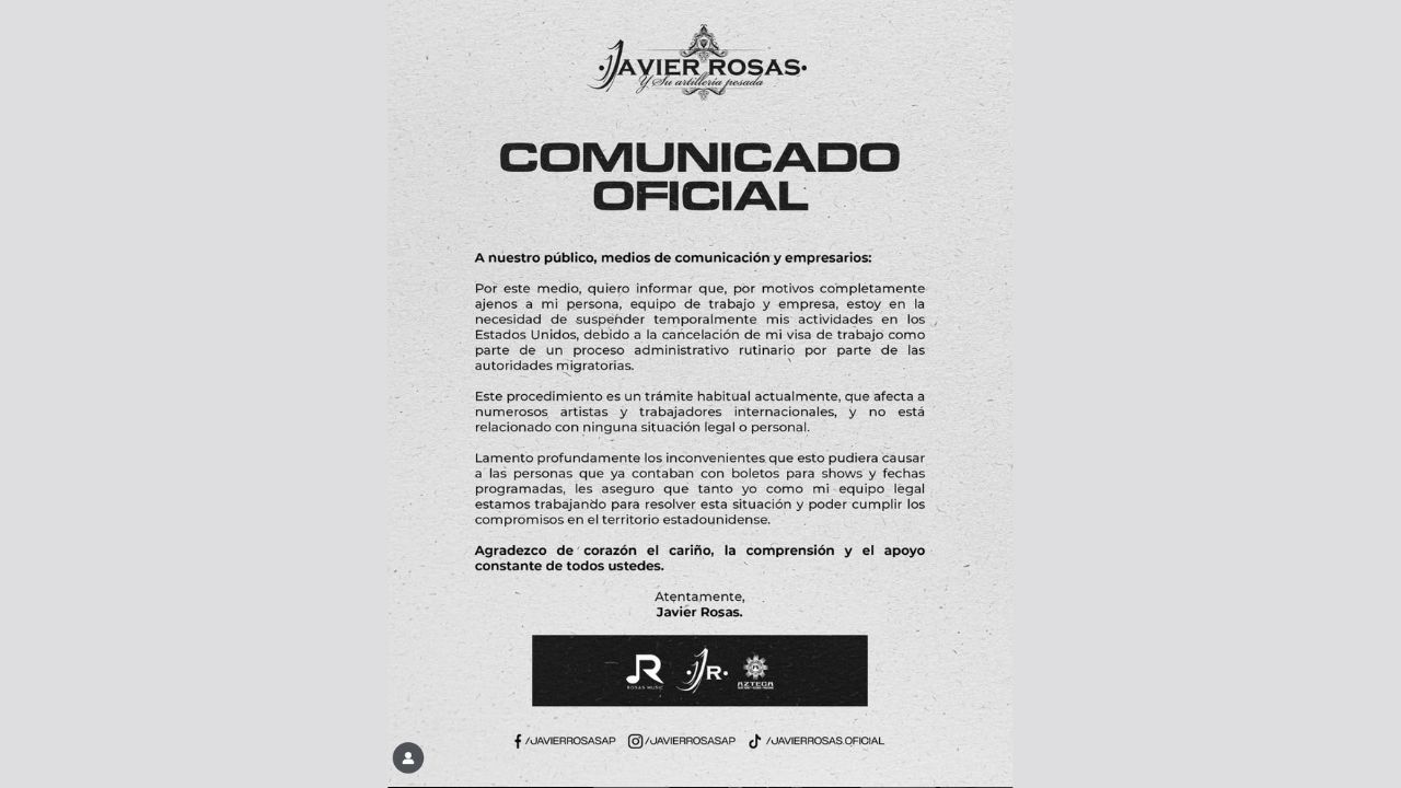El cantante Javier Rosas anunció la suspensión de sus presentaciones en Estados Unidos debido a la cancelación de su visa de trabajo.