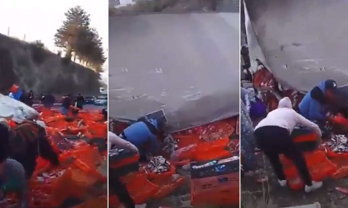 Personas realizan la famosa rapiña tras la volcadura de un tráiler en la Toluca-Atlacomulco; se llevaron pan y galletas.