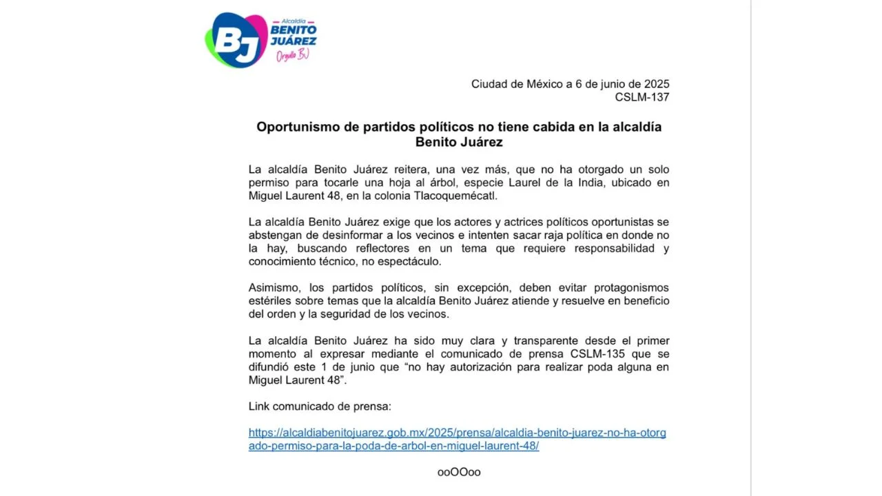 Ante movilizaciones y preocupación de vecinos, la alcaldía Benito Juárez reiteró que no ha autorizado la poda del árbol “Laureano”.