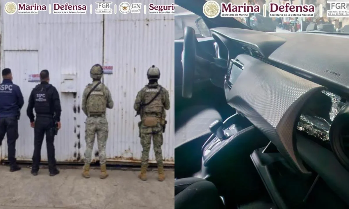 Autoridades federales aseguran 10 vehículos modificados para traficar droga en Baja California.