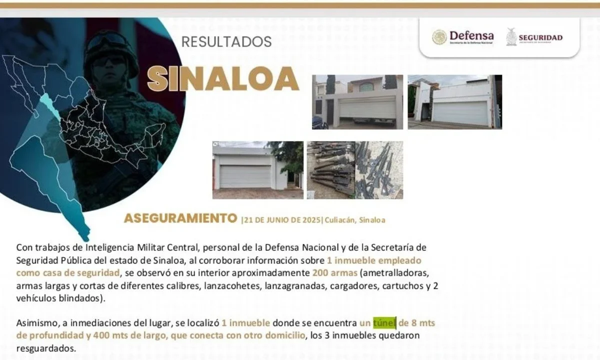 En Culiacán incautan arsenal y descubren un narco túnel