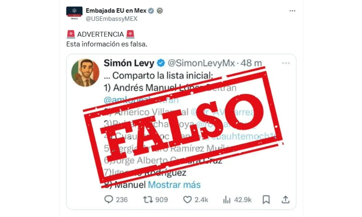 Embajada de EU en México califica de falsa, la presunta lista de políticos mexicanos buscados por el gobierno estadounidense.