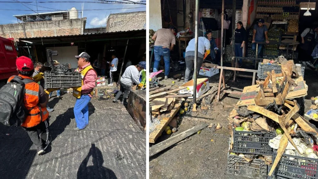 Personal de Chilpancingo realizó trabajos de limpieza tras el incendio en el mercado.
