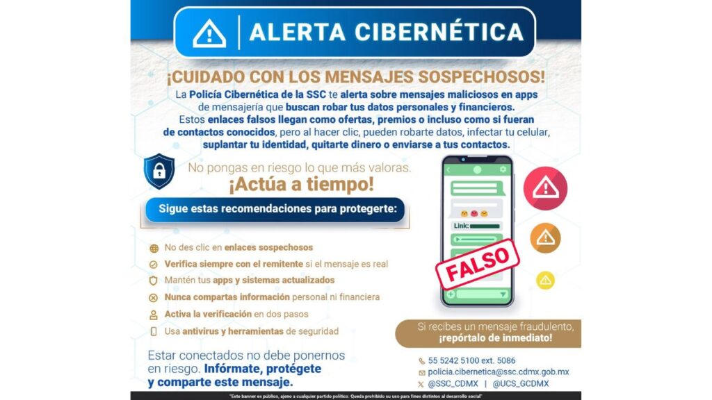 La Policía Cibernética de la SSC alerta por mensajes fraudulentos.