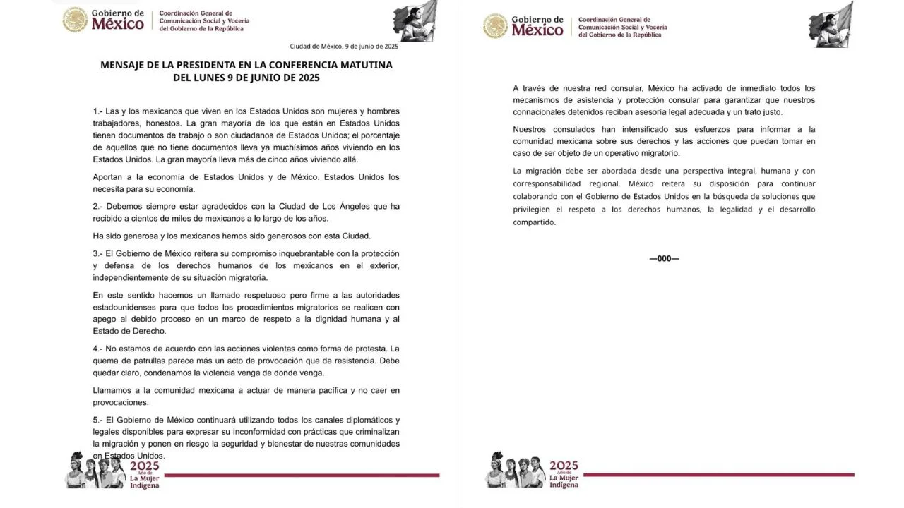 Carta de la presidenta Claudia Sheinbaum sobre las redadas en Los Ángeles