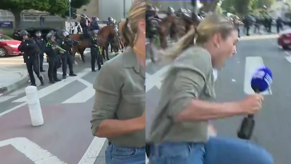La reportera australiana Lauren Tomasi, fue alcanzada por un proyectil no letal durante las protestas en Los Ángeles.