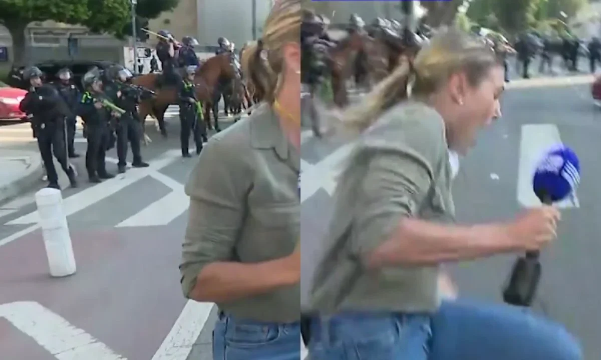 La reportera australiana Lauren Tomasi, fue alcanzada por un proyectil no letal durante las protestas en Los Ángeles.