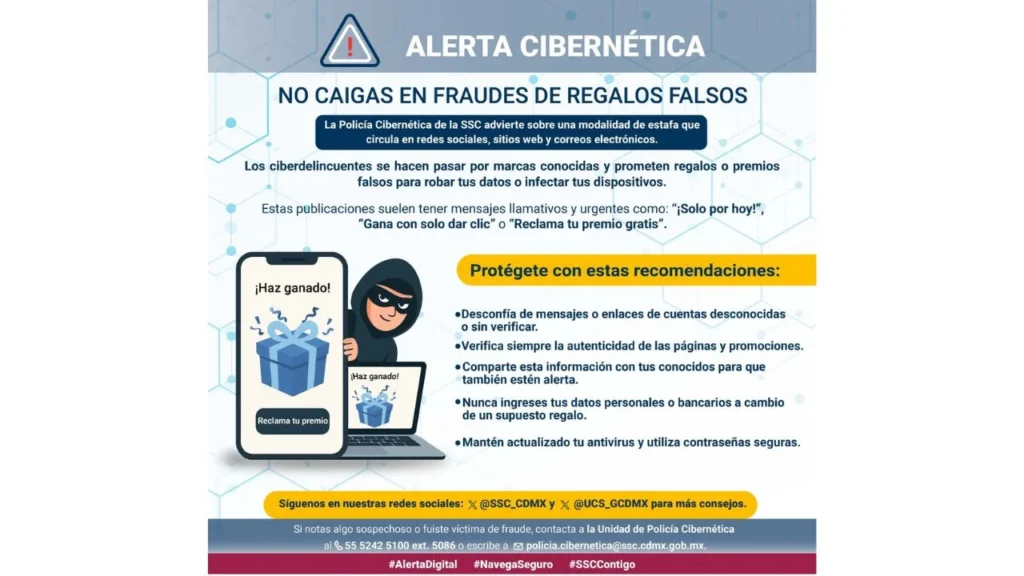 La SSC capitalina alertó a los ciudadanos por fraudes con regalos falsos en redes sociales.