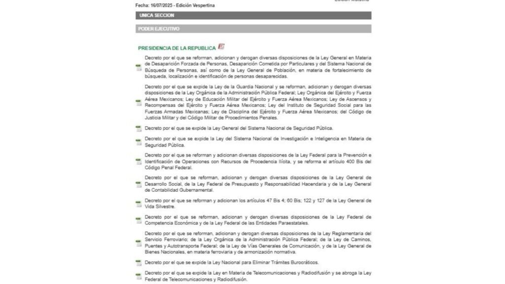 Gobierno de México publica en el DOF los 11 decretos aprobados en el Congreso 