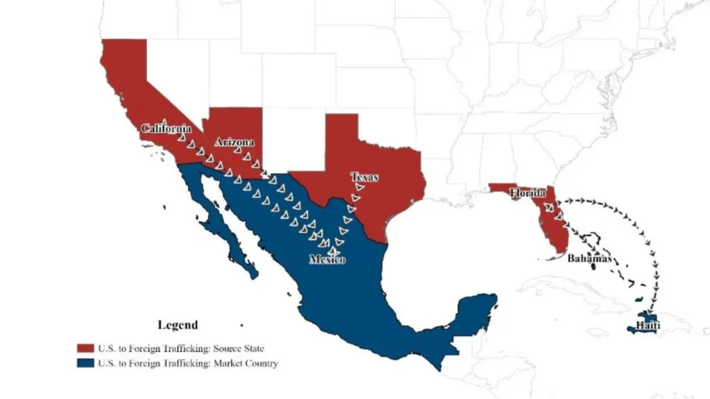 Secretaría de la Defensa Nacional y la FGR ubican 11 rutas de tráfico de armas, la mayoría sale de Texas.
